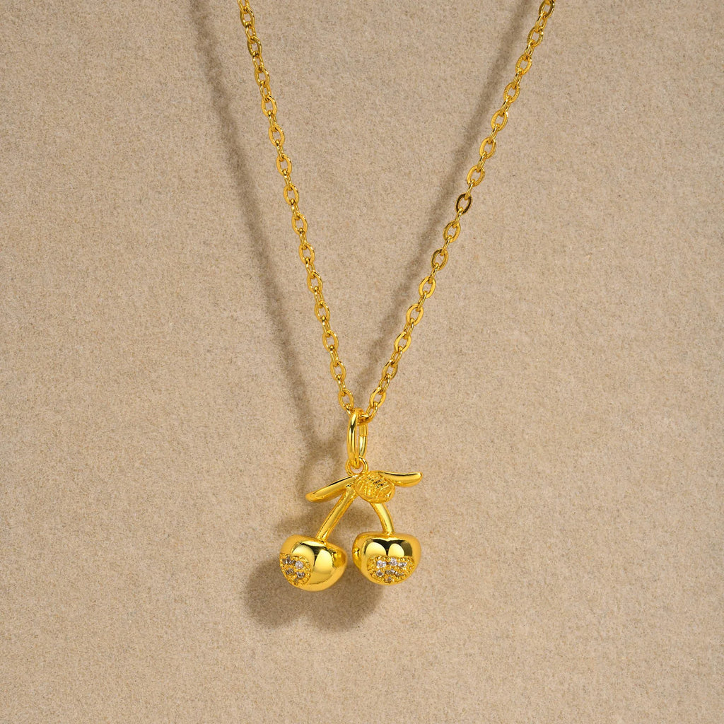 Women's CZ Cherry Pendant Necklace – Gold Stainless Steel Chain Pendant Necklace SPOT