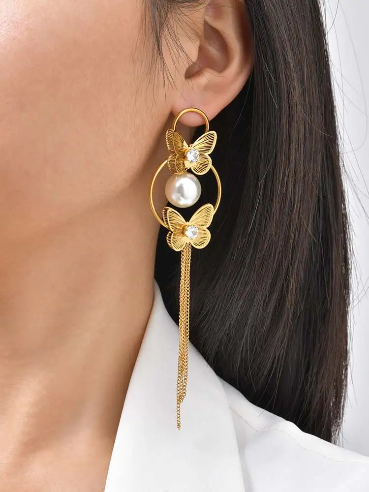 Vintage Gold Butterfly Tassel Earrings – 18K Gold Plated Dangle Drop Earrings SPOT