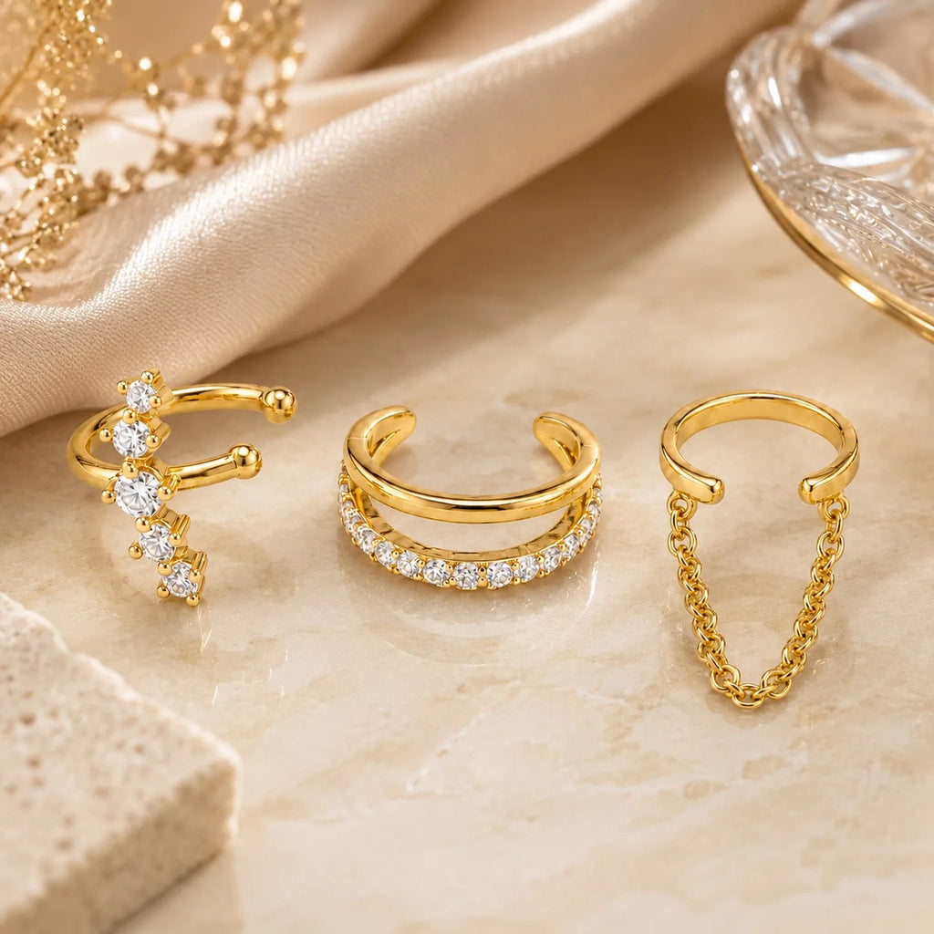 3-Piece Zircon Ear Cuffs with Tassel Chain – No Piercing Ear Cuff Set SPOT