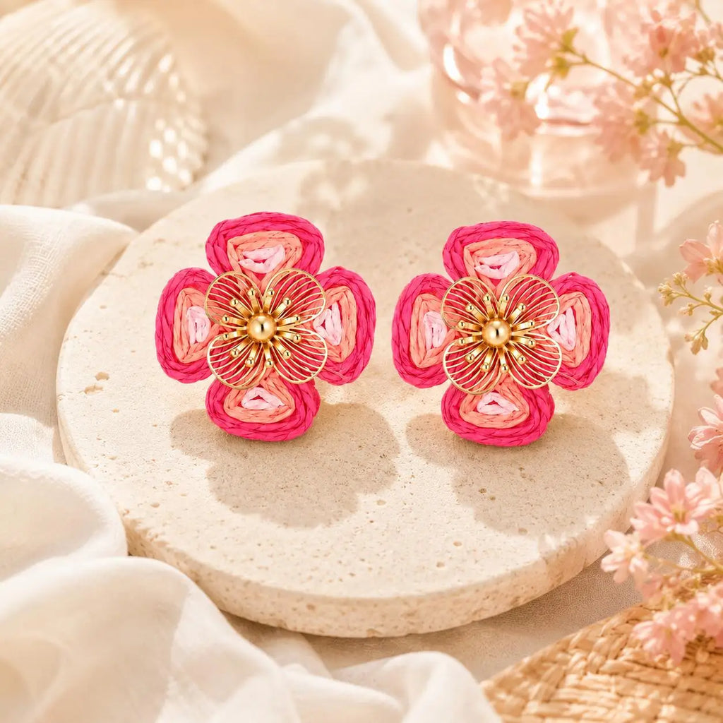 Boho Raffia Flower Stud Earrings – 14K Gold Plated Floral Stud Earrings SPOT