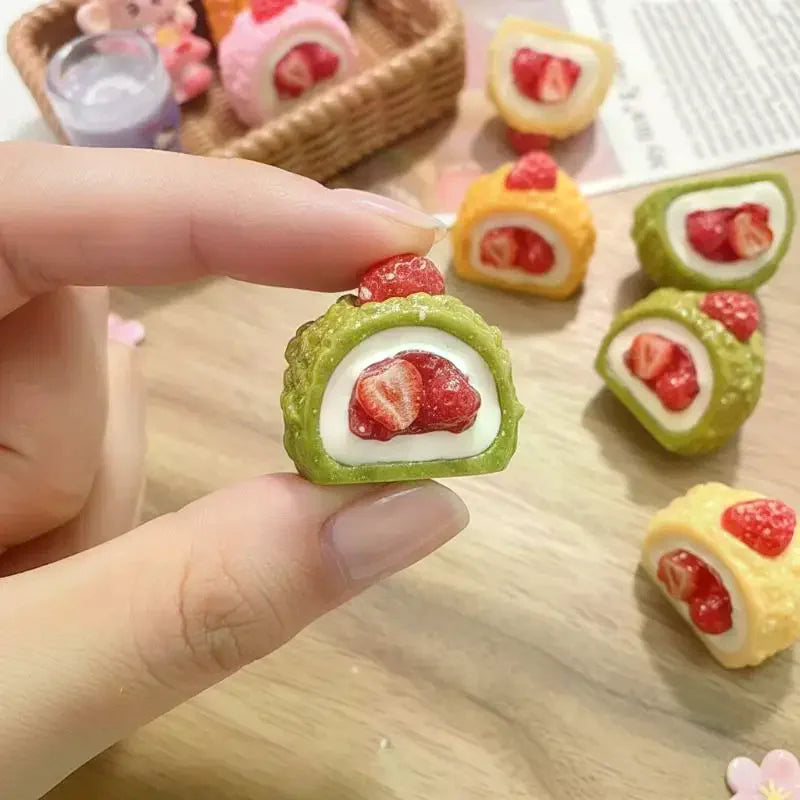 4-Pack Mini Strawberry Cake Resin Charms – Dollhouse & DIY Decor Miniature Resin Charms SPOT