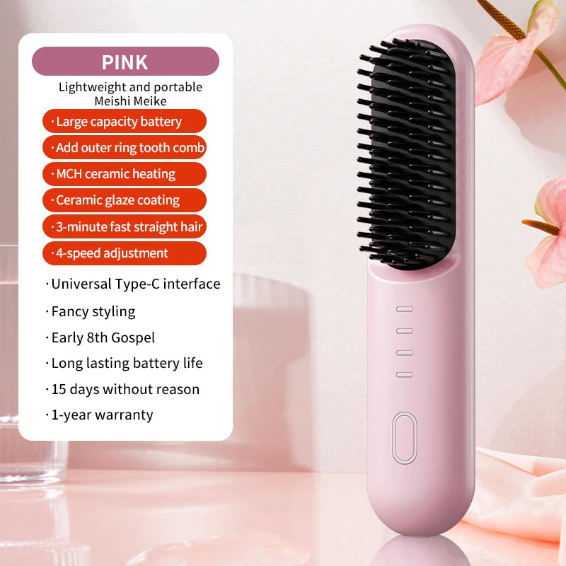 Cordless Ionic Straightening Brush – 4-Speed, Fast Heating Ionic Straightening Brush SPOT Pink