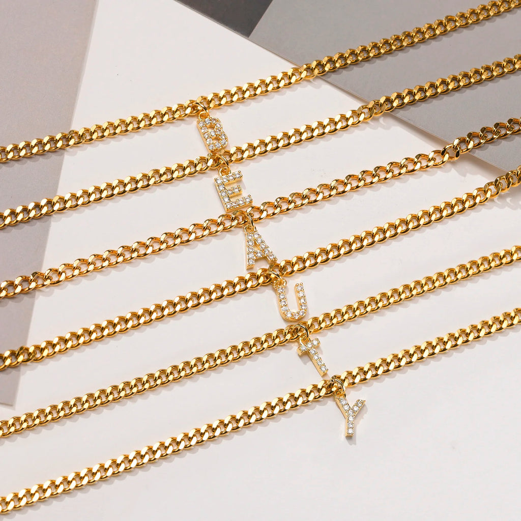 A–Z Initial Letter Anklet – CZ Cuban Link Gold Foot Chain Initial Letter Anklet SPOT