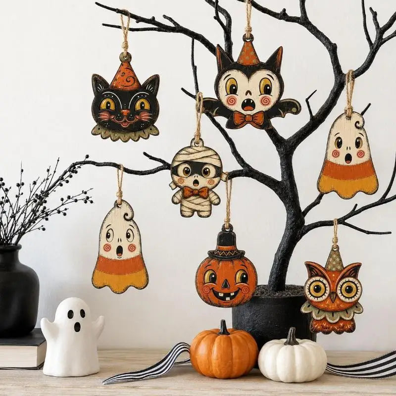 Wooden Halloween Hanging Ornaments Set – 6 Ghost & Vampire Décor Halloween Hanging Ornaments SPOT
