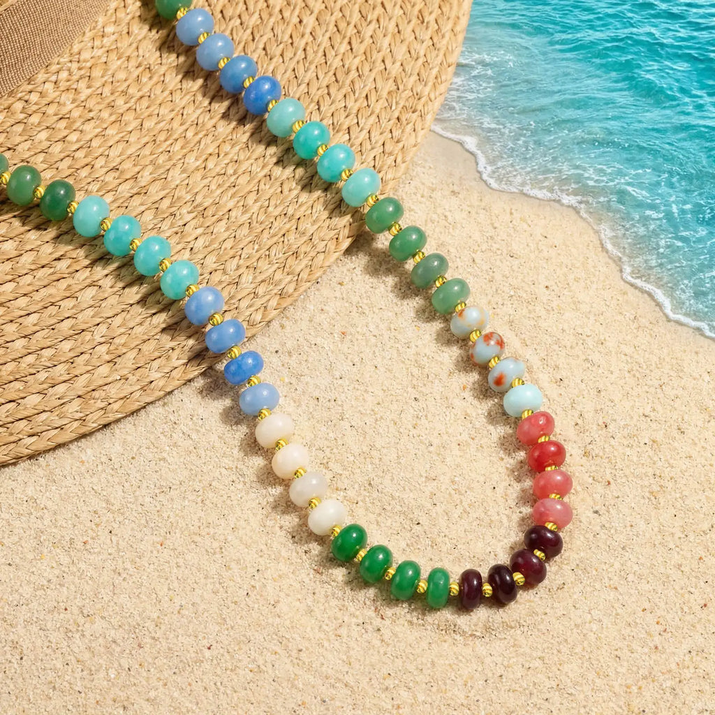 Boho Natural Gemstone Beaded Necklace – Stainless Steel Women Beaded Stone Necklace SPOT