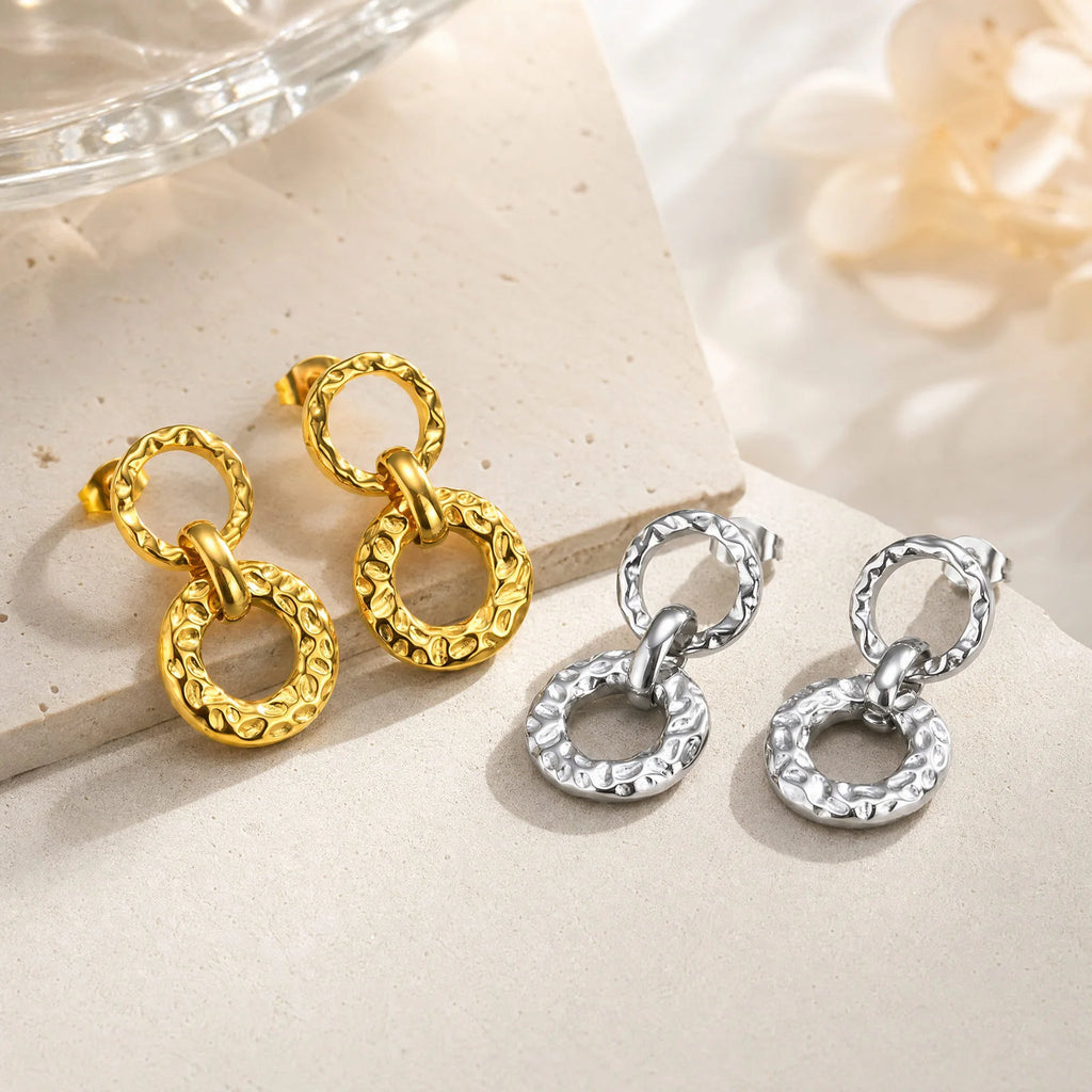 Hammered Double Circle Dangle Earrings – 18K Gold Plated Steel Dangle Earrings SPOT