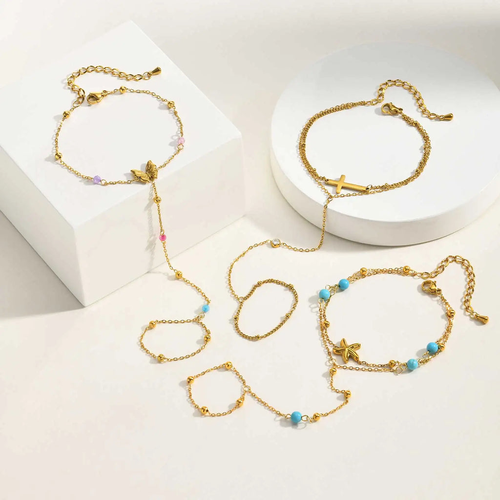 Starfish Hand Chain Bracelet – Turquoise Beads & Finger Ring Hand Chain Bracelet SPOT