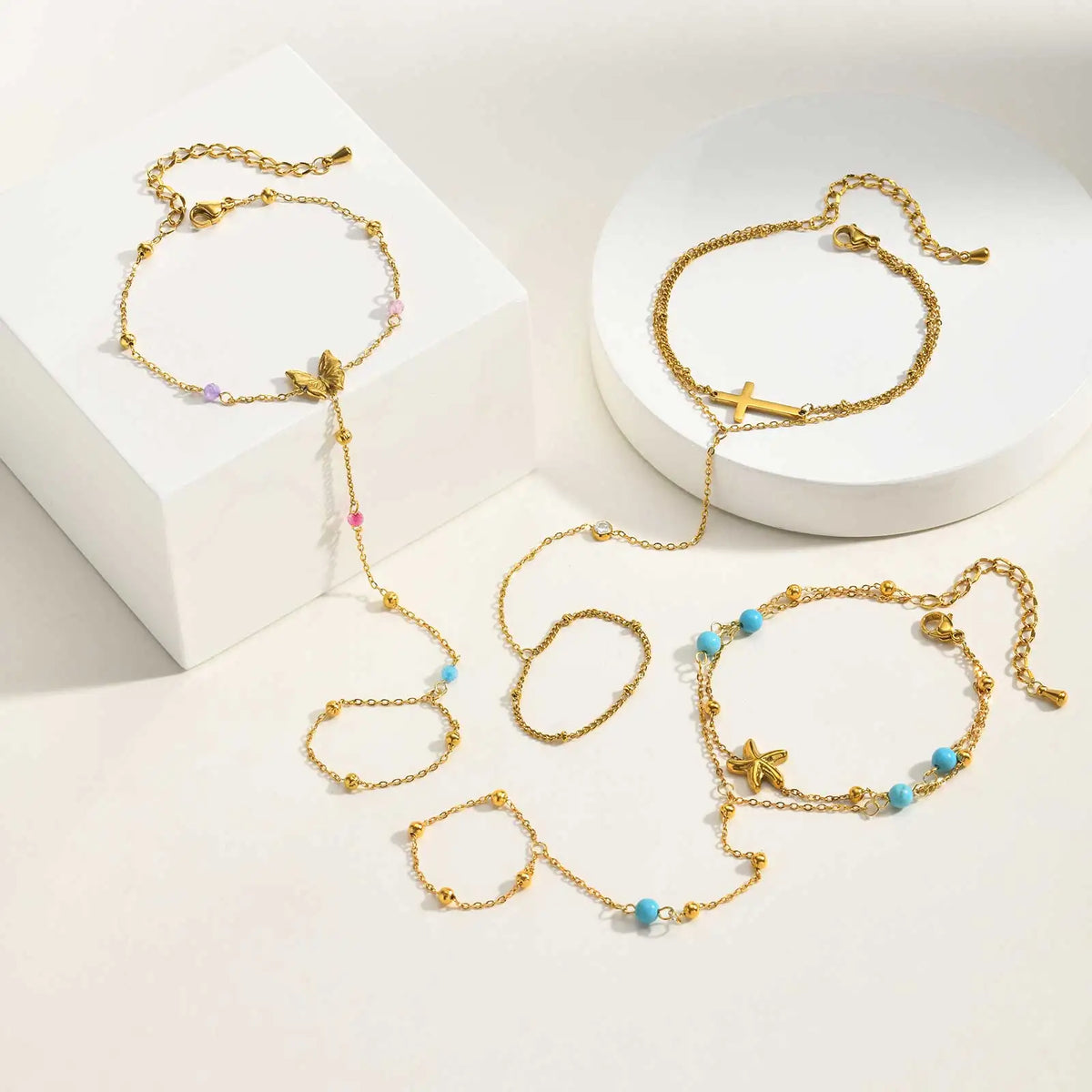Starfish Hand Chain Bracelet – Turquoise Beads & Finger Ring Hand Chain Bracelet SPOT
