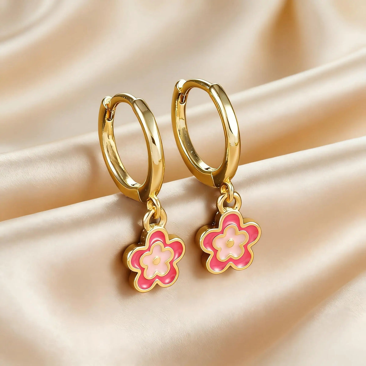 14K Gold Plated Pink Enamel Flower Huggie Hoop Earrings Huggie Hoop Earrings SPOT