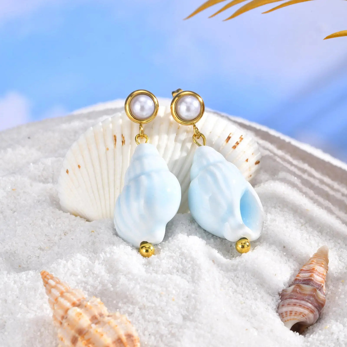 Light Blue Ceramic Conch Dangle Earrings – Waterproof Beach Jewelry Dangle Earrings SPOT