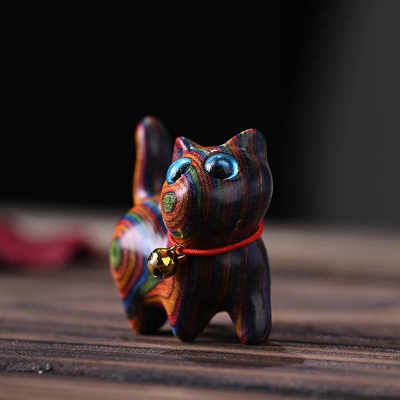 Rainbow Wood Carved Cat Sculpture – Handmade Wooden Kitten Wood Cat Figurine SPOT