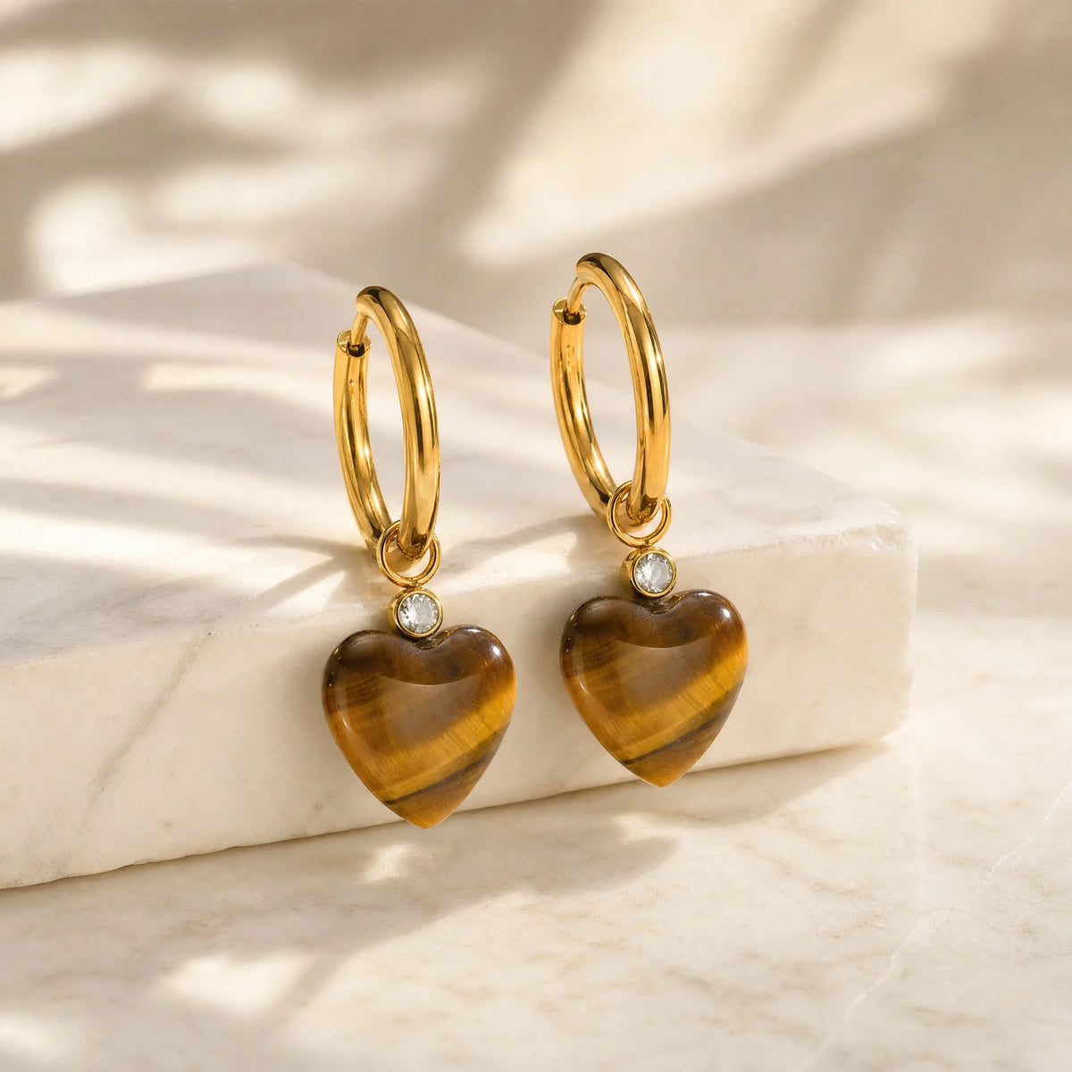 Tiger's Eye Heart Dangle Earrings – 18K Gold Plated CZ Dangle Earrings SPOT