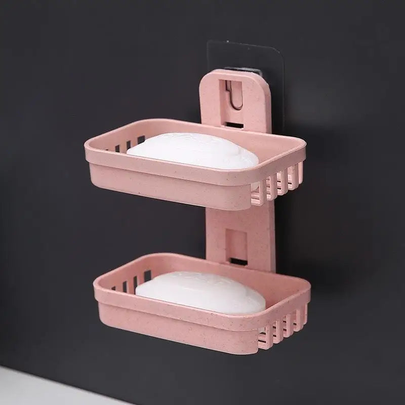 Wheat Straw Wall-Mounted Soap Dish – No-Drill Drainage Wall-Mounted Soap Dish SPOT double Pink