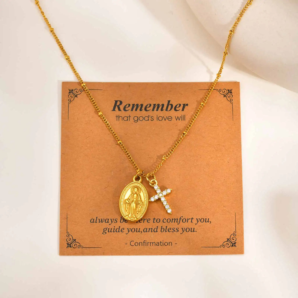 Virgin Mary Zirconia Cross Necklace – Hypoallergenic Gold Gift Pendant Necklace SPOT