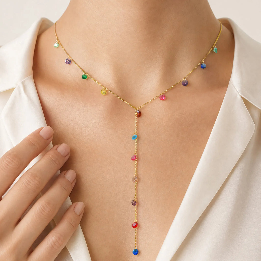 Colorful CZ Lariat Y Drop Necklace – 18K Gold Plated Steel Lariat Drop Necklace SPOT