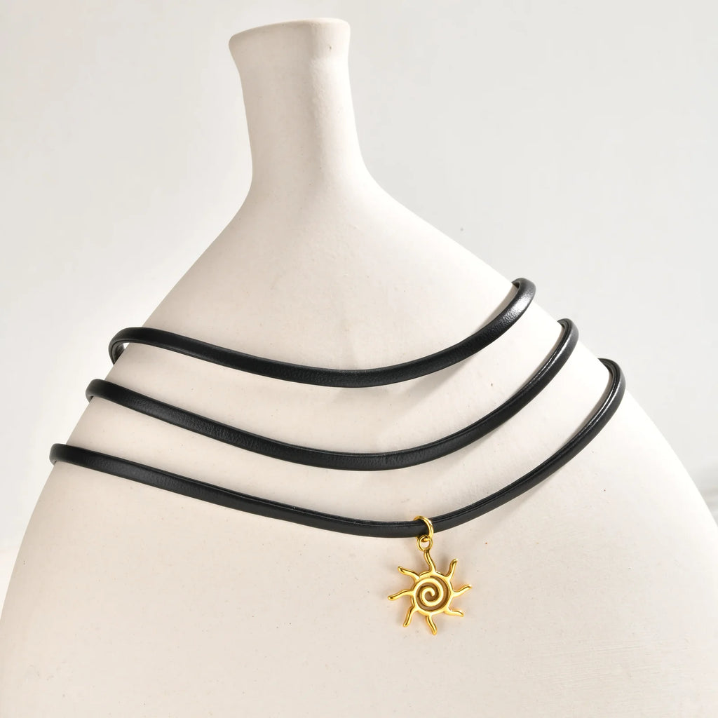 Gothic PU Leather Choker – Gold Sun Pendant Women's Necklace Choker Necklace SPOT