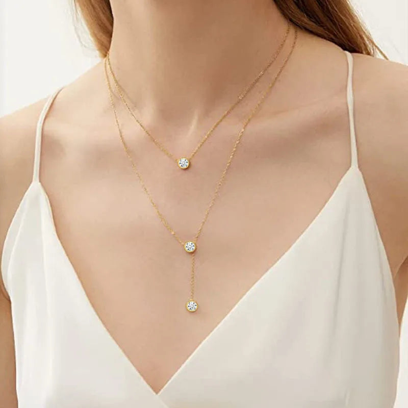 18K Gold Plated CZ Double Layer Pendant Necklace for Women Pendant Necklace SPOT