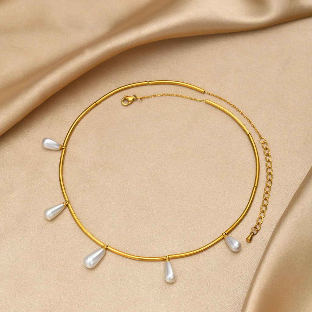 Teardrop Pearl Tube Chain Necklace – Gold Stainless Steel Pearl Chain Necklace SPOT