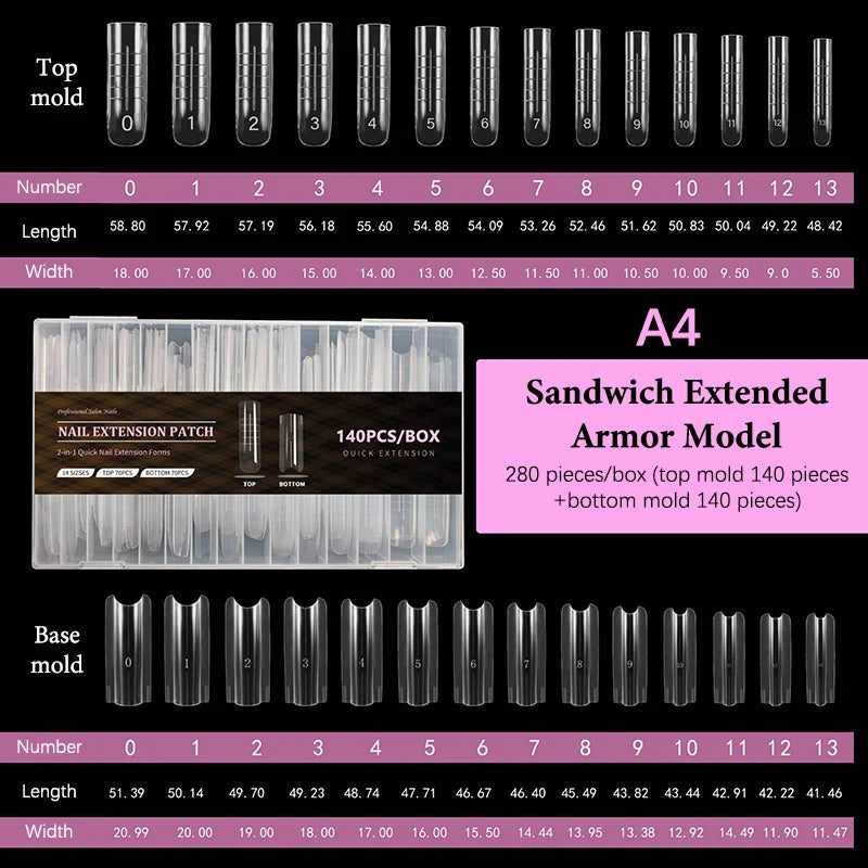 Sandwich Dual Nail Forms 280pcs – 14 Sizes Coffin & Almond Nail Extension Forms SPOT A4