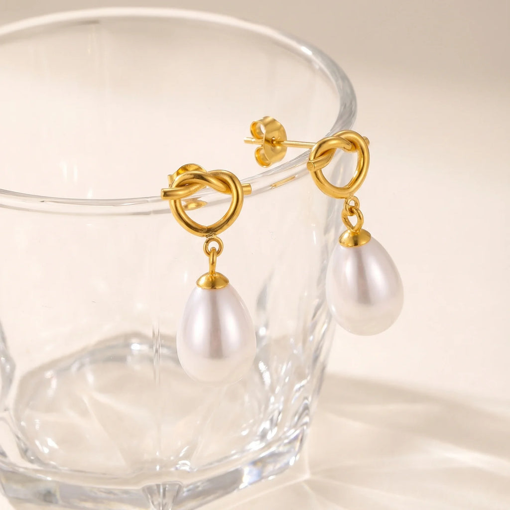 18K Gold Plated Knot Teardrop Pearl Drop Earrings | Dangle Pearl Drop Earrings SPOT
