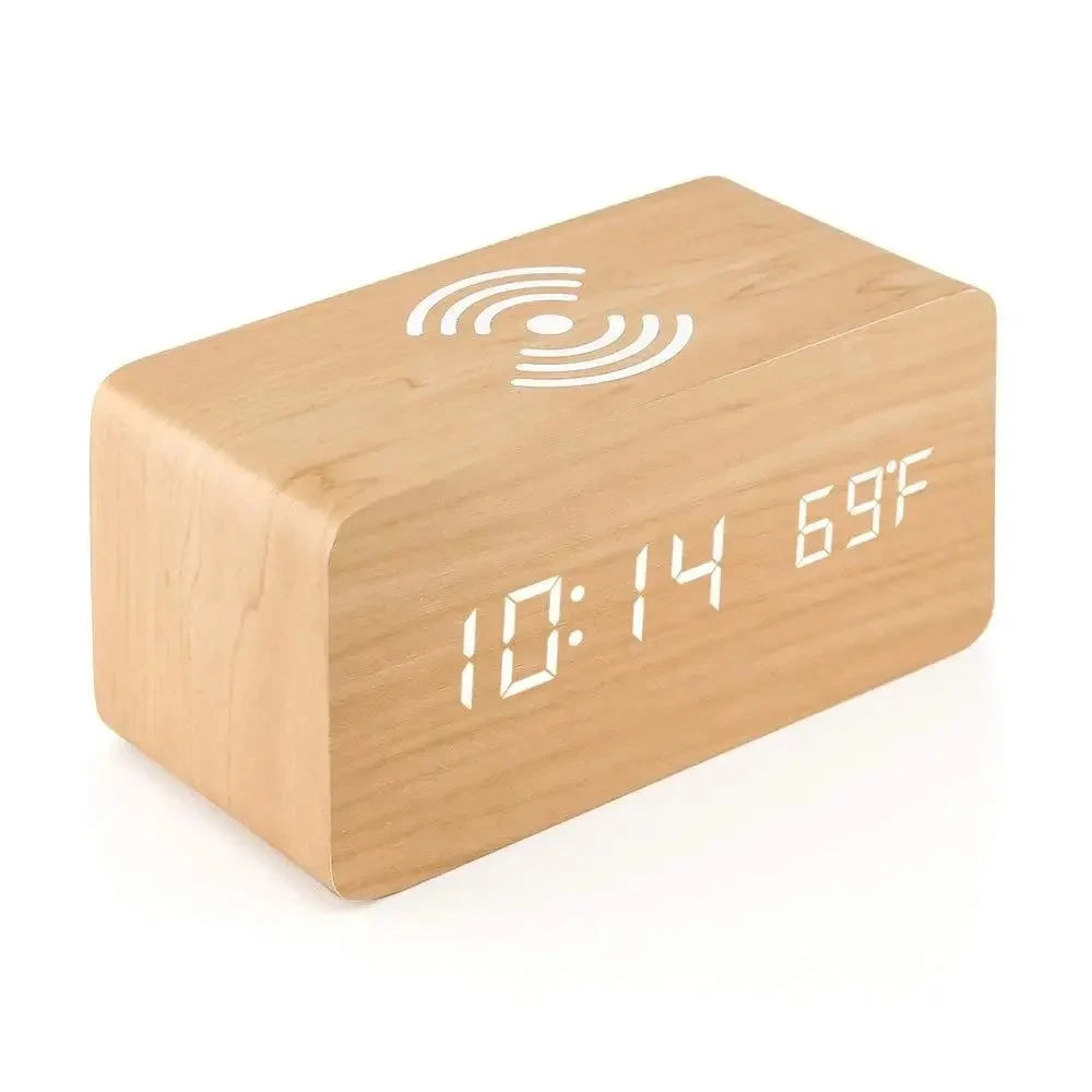 Wooden Digital Alarm Clock with Wireless Charging & LED Display Digital Alarm Clock SPOT Bamboo