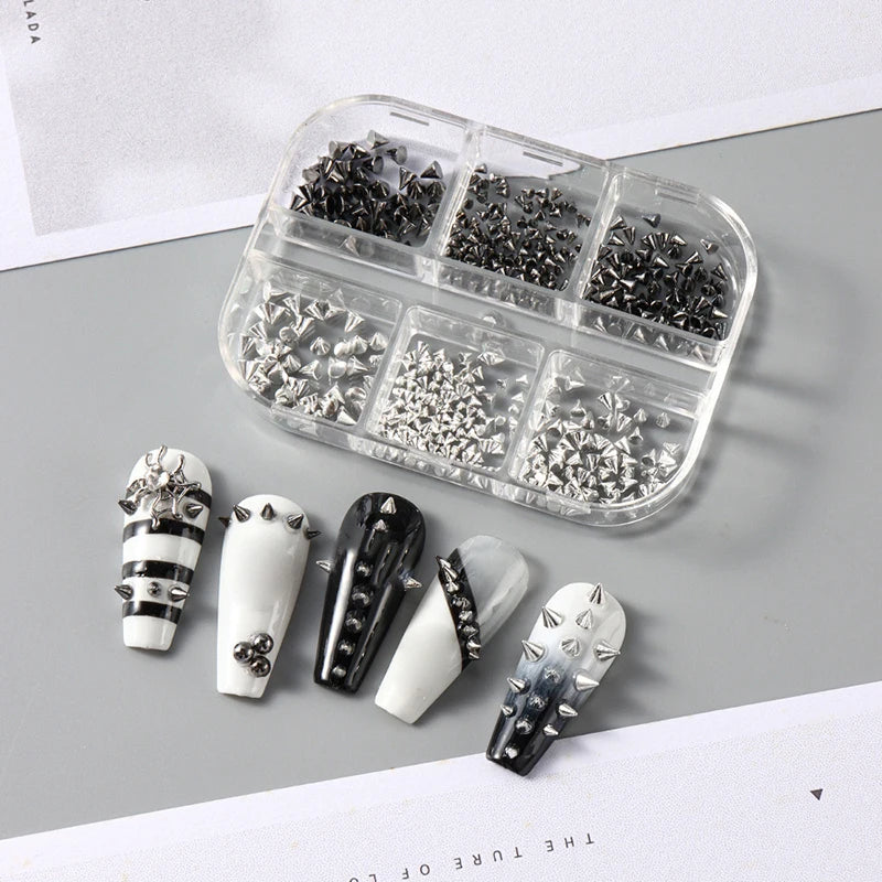 Y2K Punk Metal Rivet Nail Charms – 6-Grid Black & Silver Studs Nail Art Charms SPOT