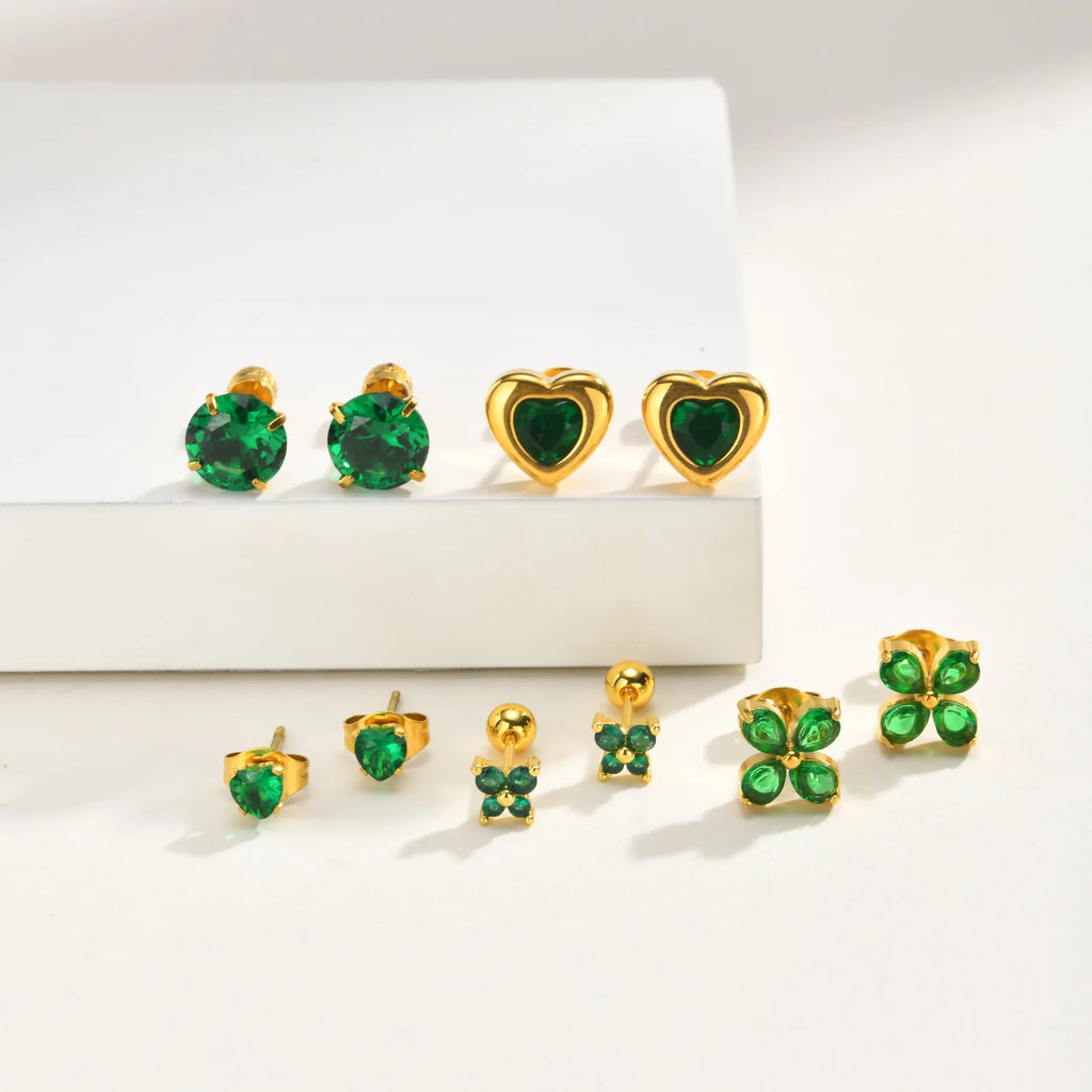 Emerald Green Zircon Heart Stud Earrings – 18K Gold Plated Steel Zirconia Stud Earrings SPOT