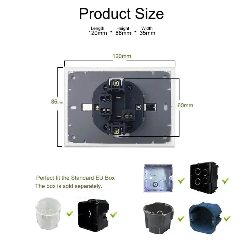 EU Double Wall Socket Crystal Glass 2-Outlet 220V | 123×86mm Wall Power Socket SPOT