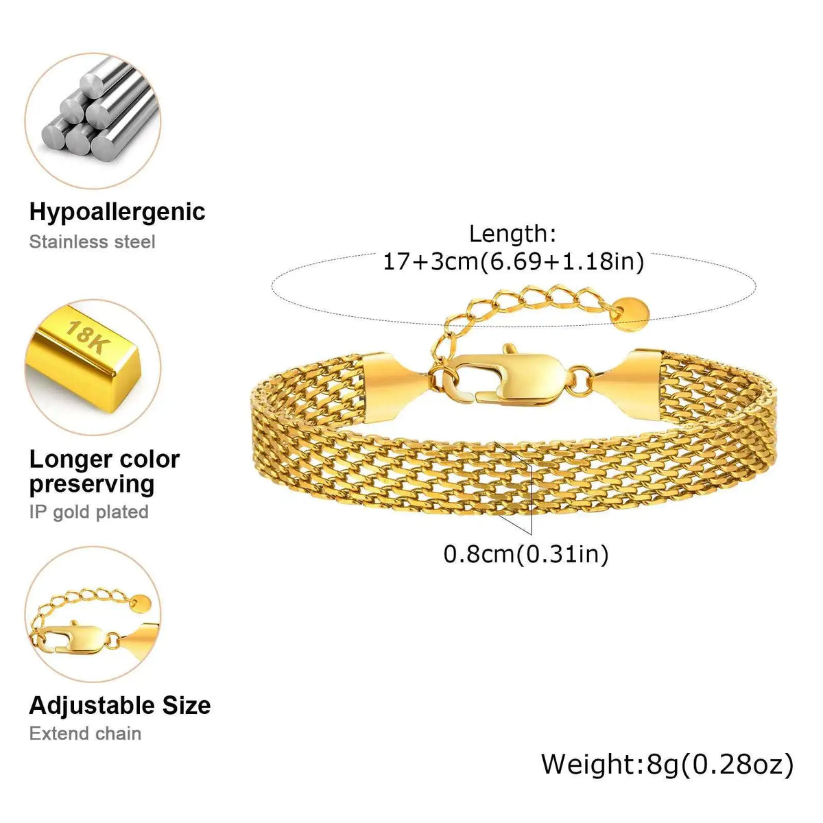 Meaeguet Gold Plated Mesh Link Chain Bracelet for Women Chain Link Bracelet SPOT