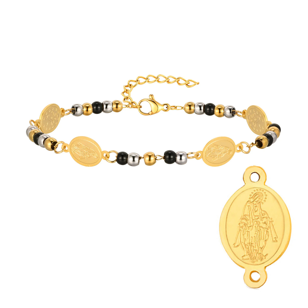Virgin Mary St Benedict Cross Bracelet – Stainless Steel Religious Beaded Bracelet SPOT BR-2062G