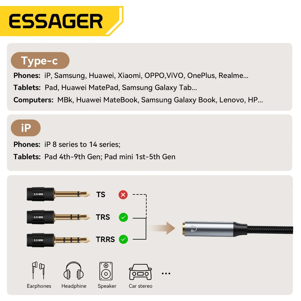 Essager L-Shape USB-C & Lightning to 3.5mm Audio Adapter Audio Adapter Cable SPOT
