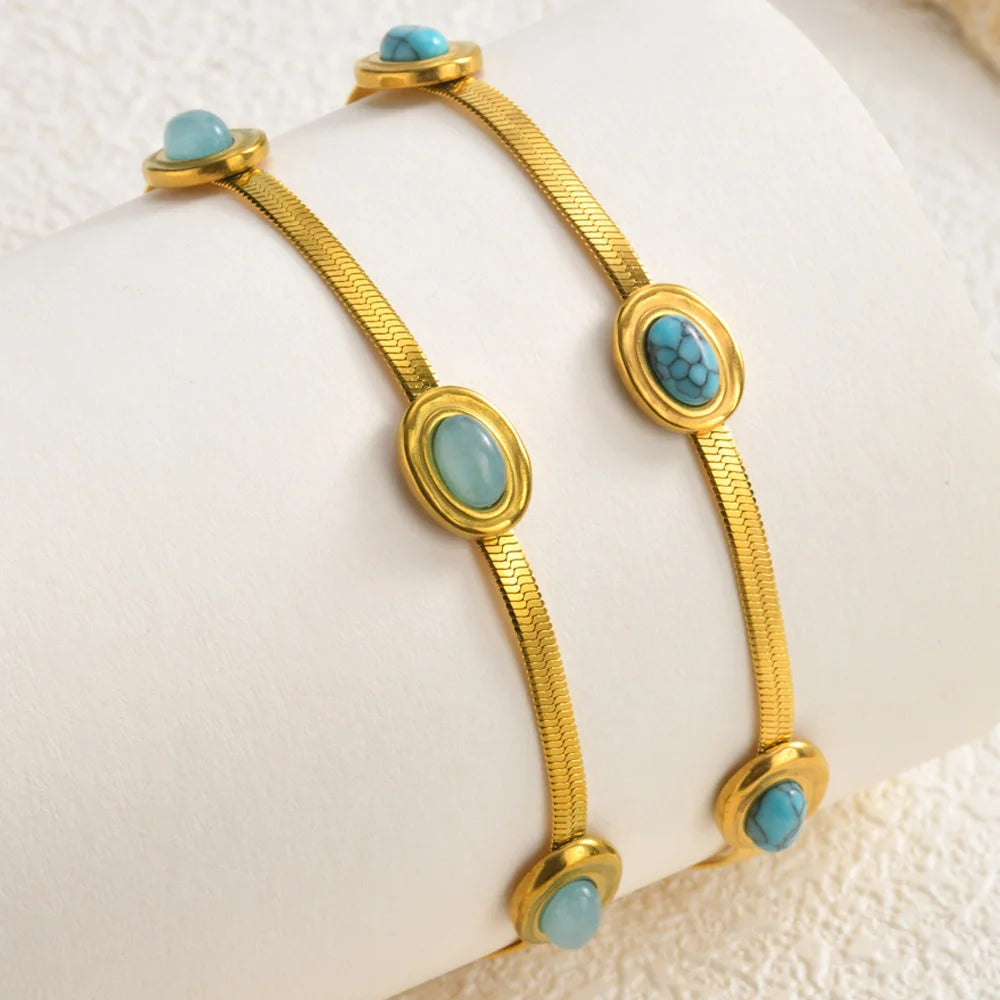 Herringbone Bracelet – Stainless Steel & Natural Turquoise Fashion Bracelet SPOT