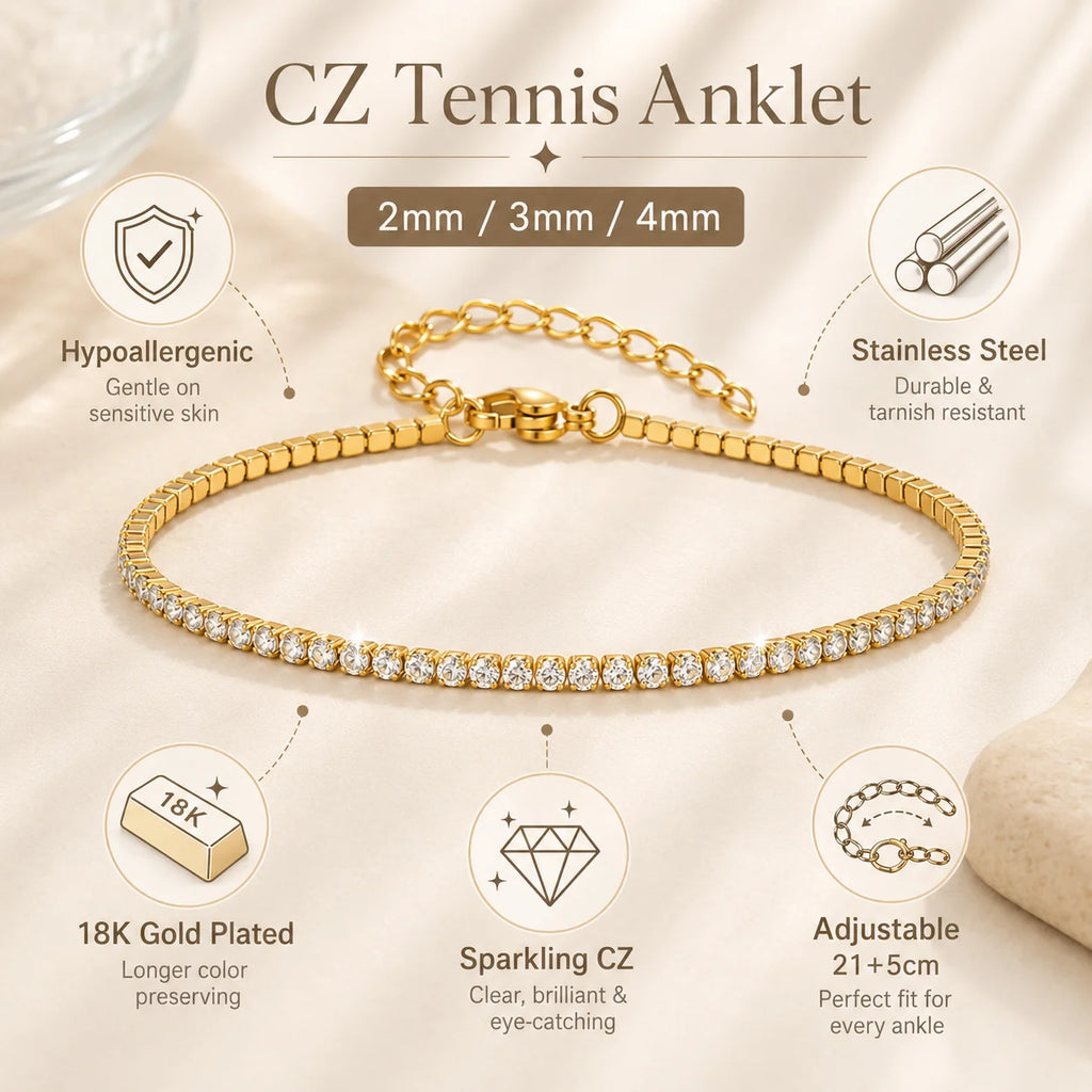 CZ Tennis Anklet – 18K Gold Plated Stainless Steel Foot Chain CZ Tennis Anklet SPOT