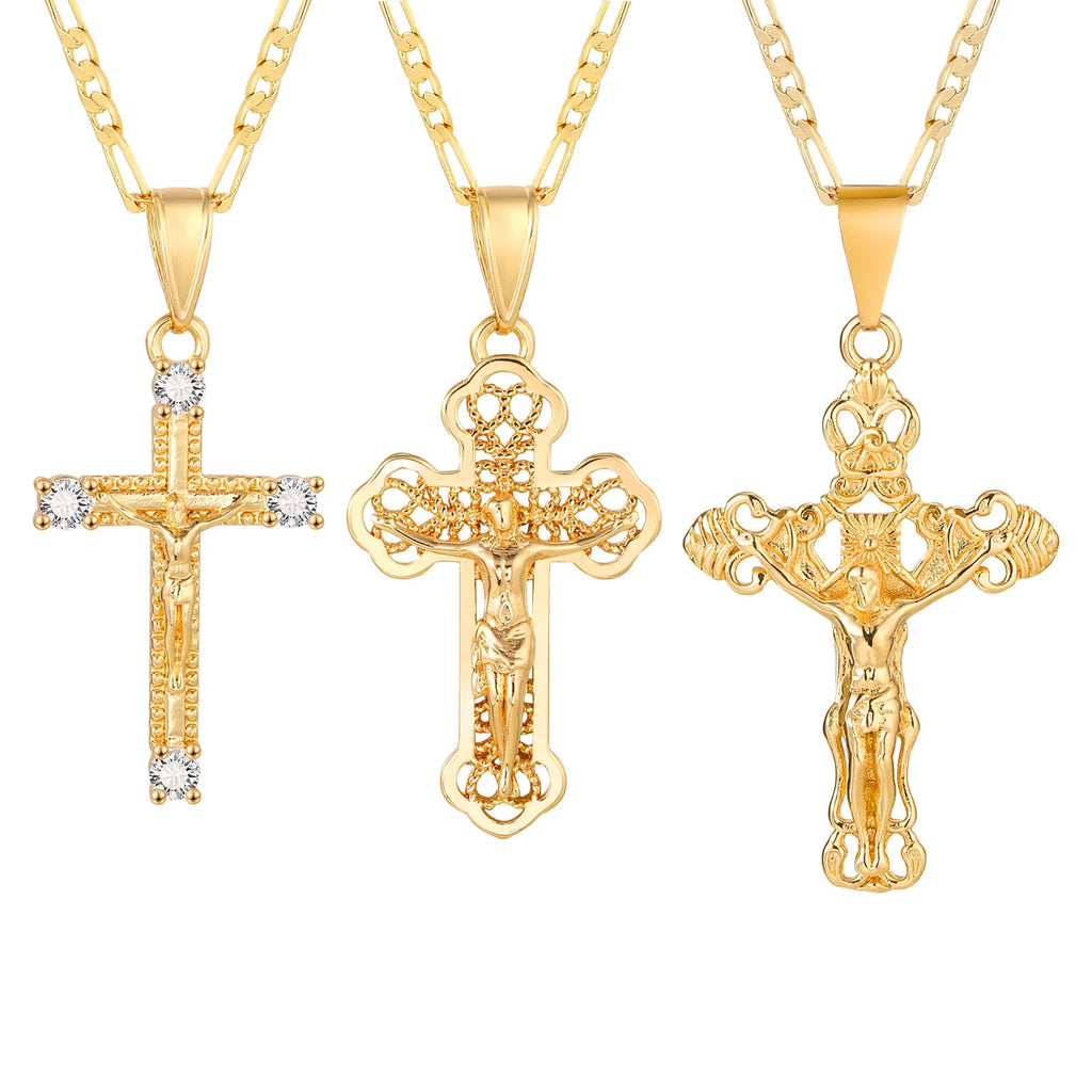 CZ Crucifix Cross Pendant Necklace – Gold Figaro Chain Cross Pendant Necklace SPOT