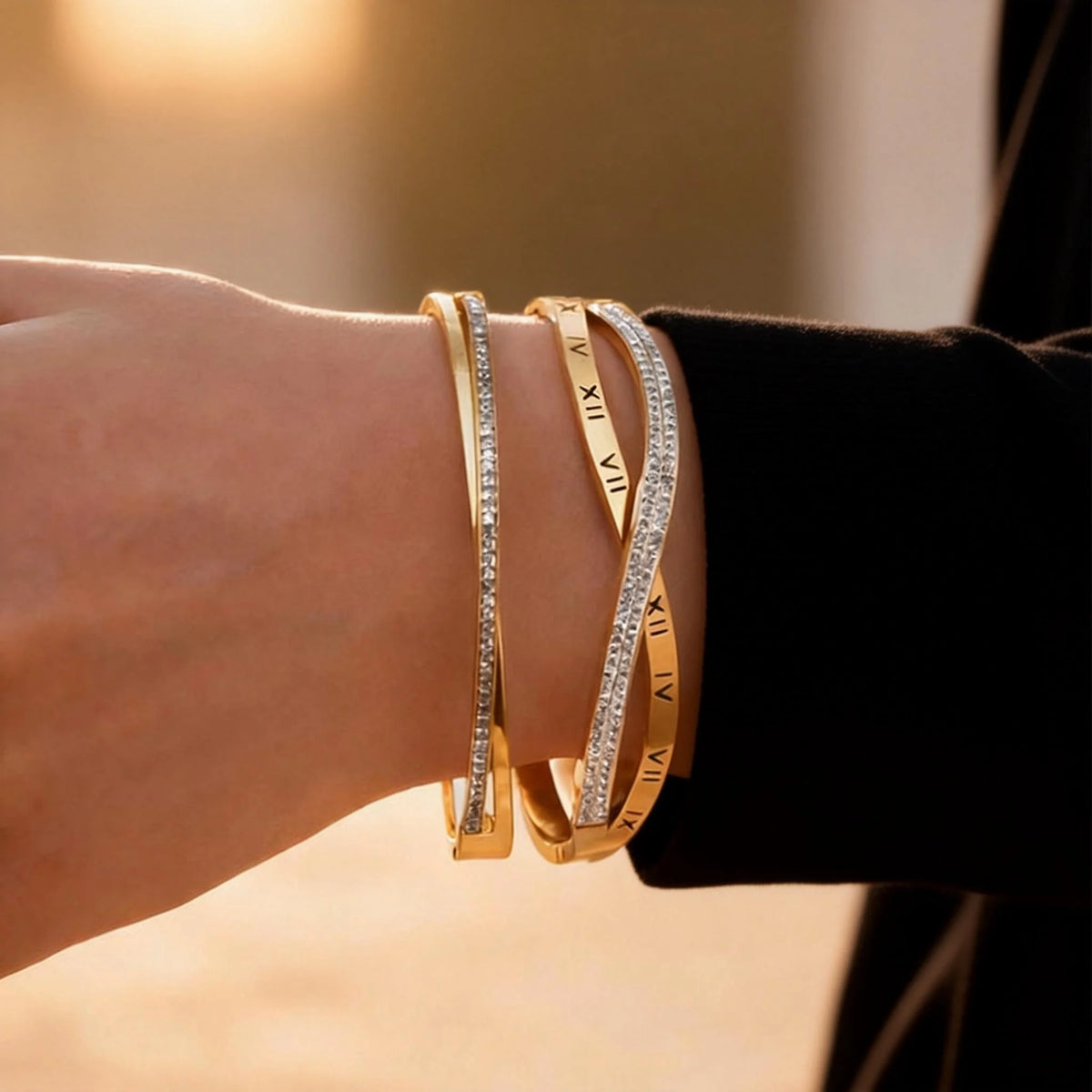 Zircon Crossed Gold Stainless Steel Bangle Bracelet | Women Bangle Bracelet SPOT
