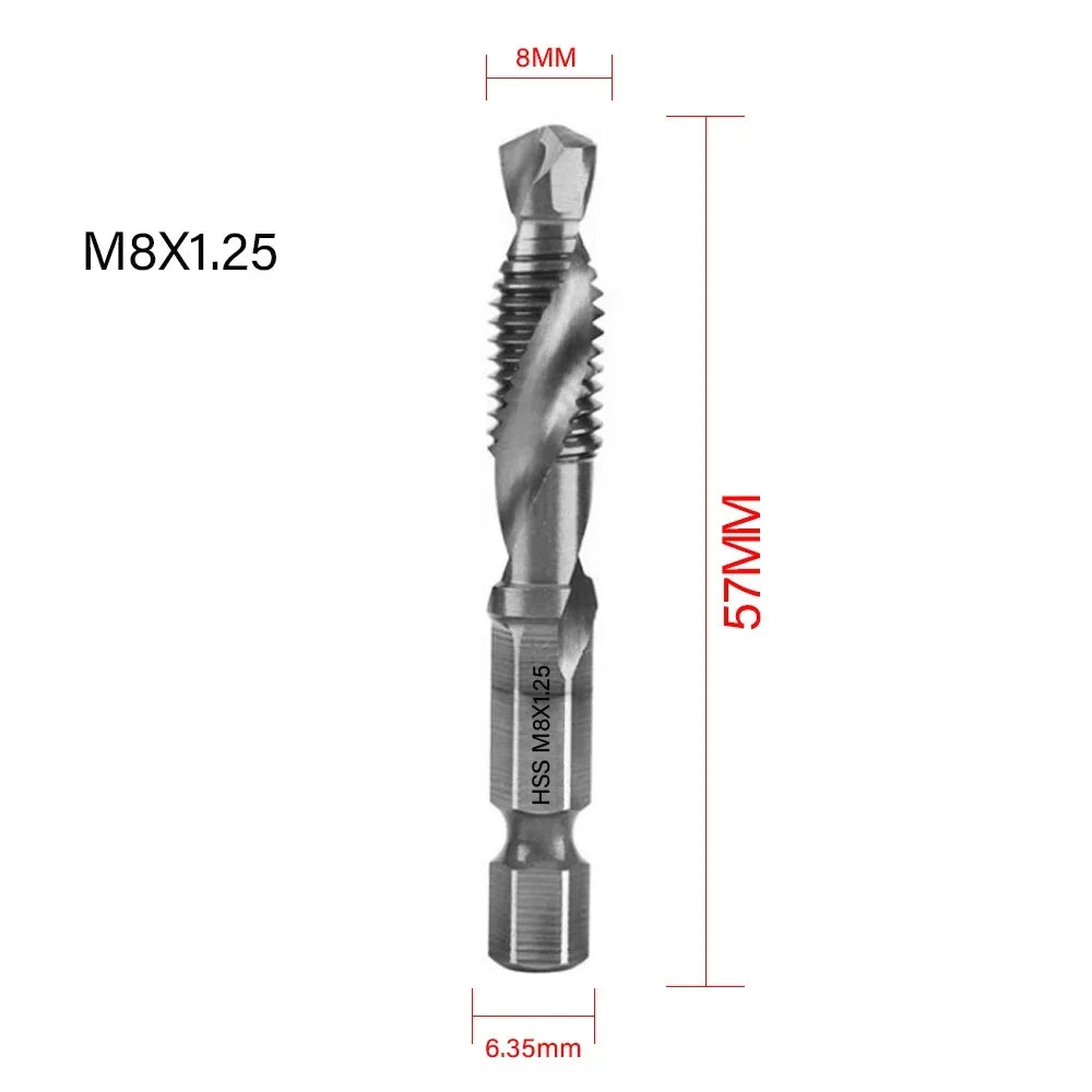 6-Pc Metric Titanium Drill Tap Bit Set M3–M10 | 1/4" Hex Shank Drill Tap Bit Set SPOT M8X1.25 Silver