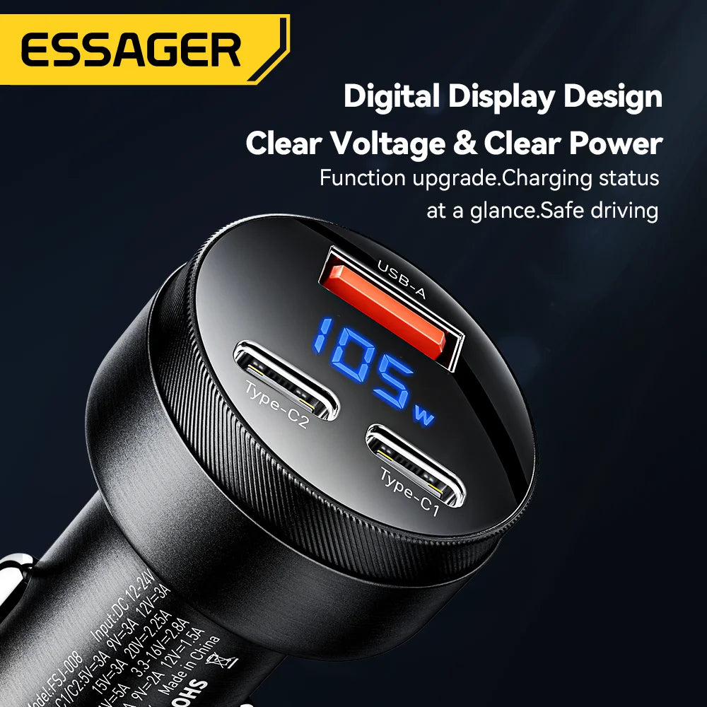 Essager 120W GaN Car Charger – 3-Port QC4.0 PD Fast Charging Car Charger SPOT