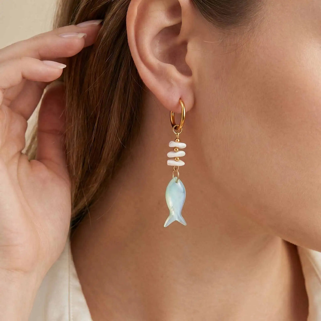 Ocean Fish Drop Earrings – 18K Gold Shell Bead Dangles Drop Dangle Earrings SPOT