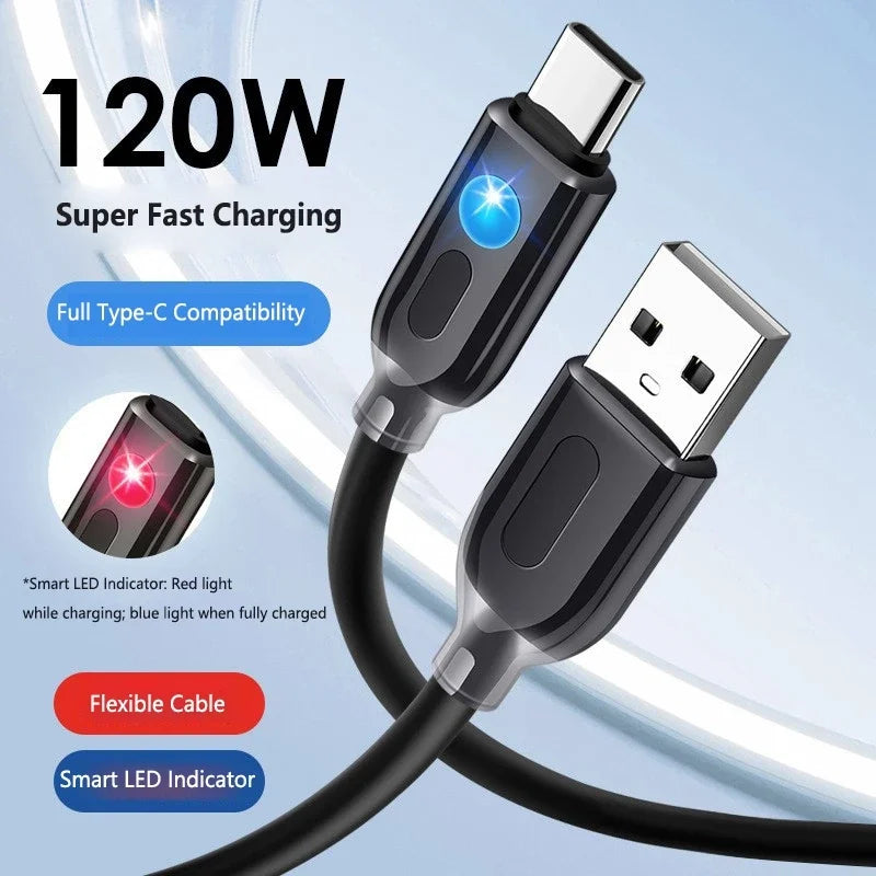120W USB-C Fast Charging Cable with RGB Flowing LED Light USB-C Charging Cable SPOT