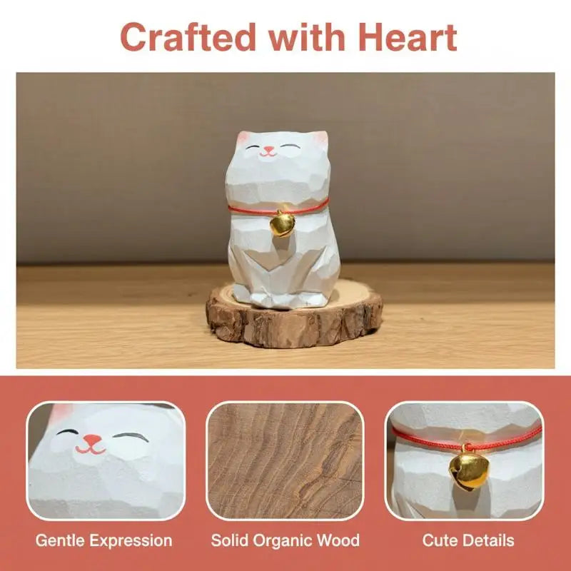 Hand Carved Wooden White Cat Figurine | Lucky Desktop Ornament Wood Cat Figurine SPOT