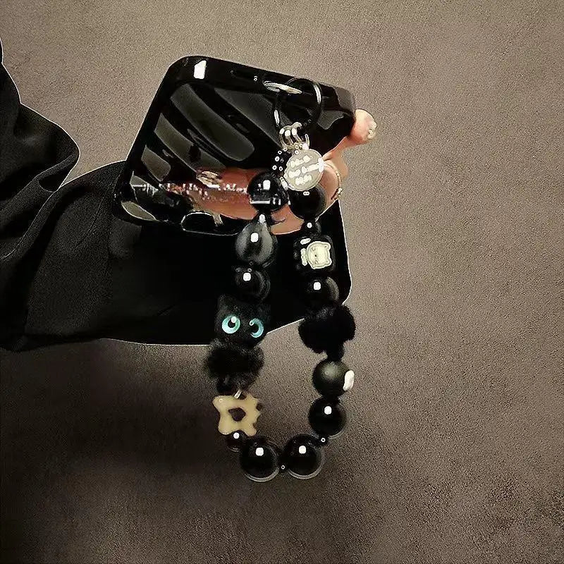 Fluffy Black Cat Phone Wrist Strap – Beaded Chain Lanyard Phone Wrist Strap SPOT