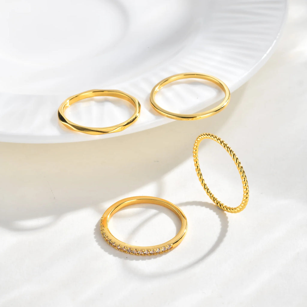 Stackable Rings Set 4pc – 18K Gold Plated CZ Twist Band Stackable Ring Set SPOT