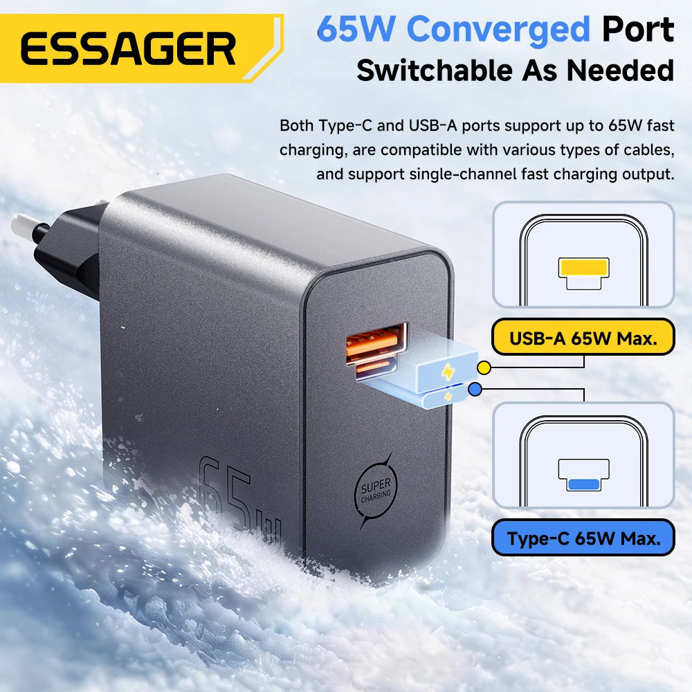 ESSAGER 65W GaN Fast Charger – 2-in-1 USB-C & USB-A GaN Fast Charger SPOT