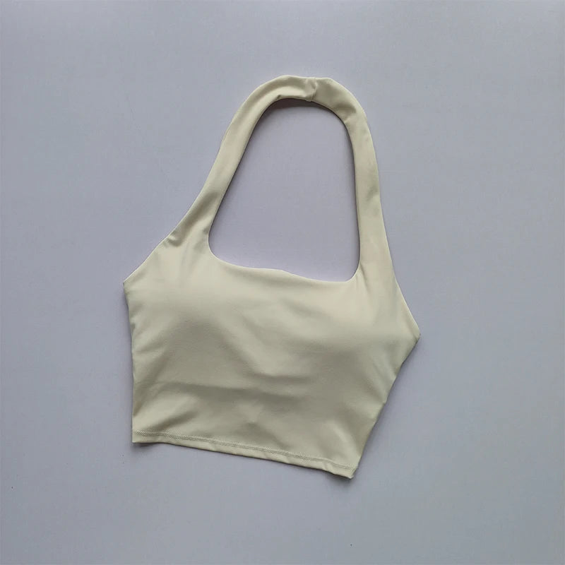 Women's Pleated Halter Sports Bra with Chest Pads | Luxury Style Sports Bra SPOT Beige M