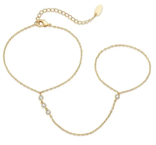Women's Gold CZ Hand Chain Bracelet – Double Layer Slave Ring Hand Chain Bracelet SPOT BR-3132G