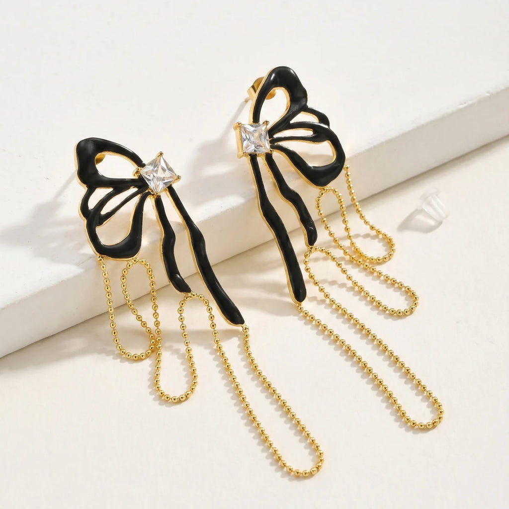 Black Bowknot CZ Tassel Earrings – 18K Gold Plated Steel Drop Earrings SPOT