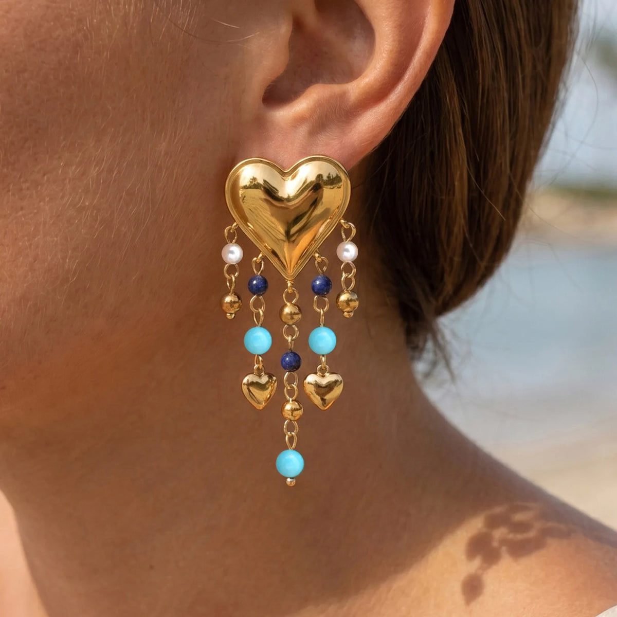Heart Tassel Dangle Earrings – 18K Gold Plated Turquoise Pearl Dangle Drop Earrings SPOT