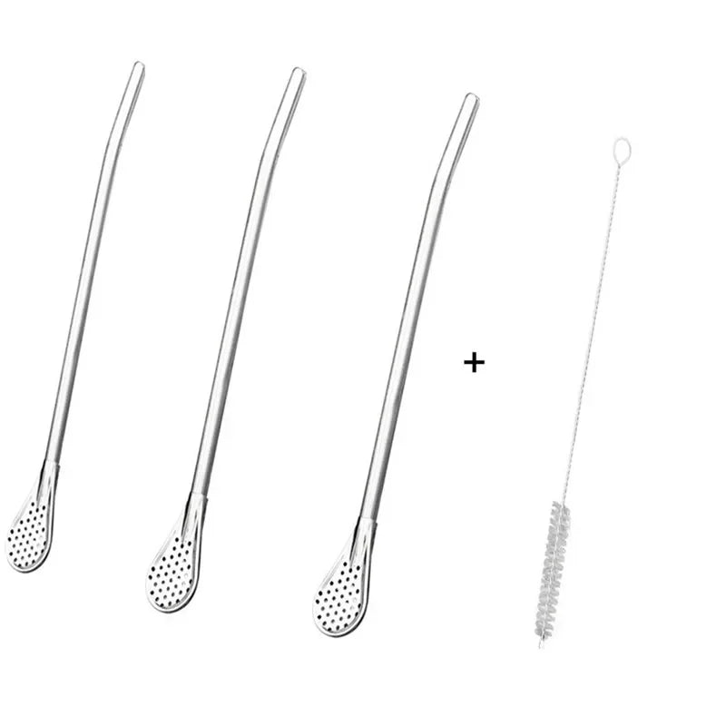 Stainless Steel Straw Spoon with Filter & Cleaning Brush Straw Spoon Set SPOT 3PCS