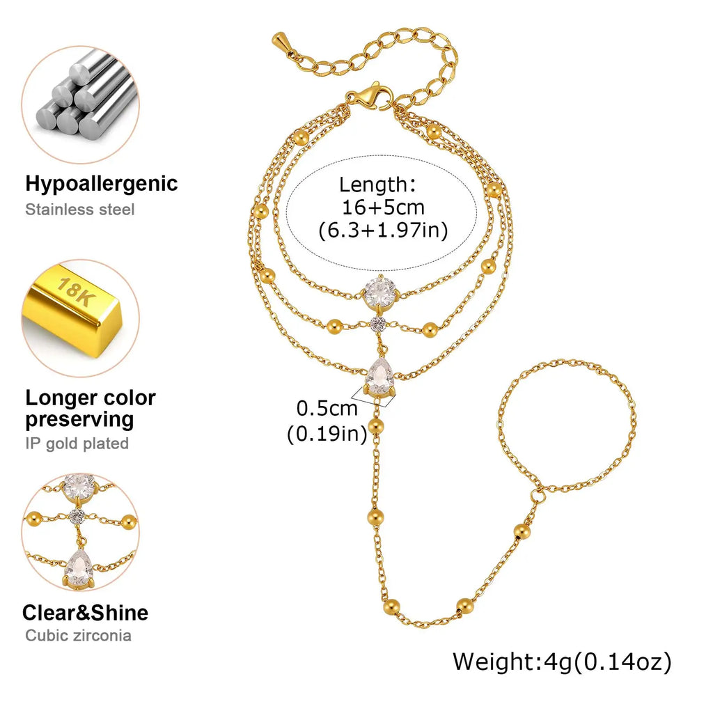 18K Gold Plated CZ Heart Hand Chain Ring Bracelet for Women Hand Chain Bracelet SPOT
