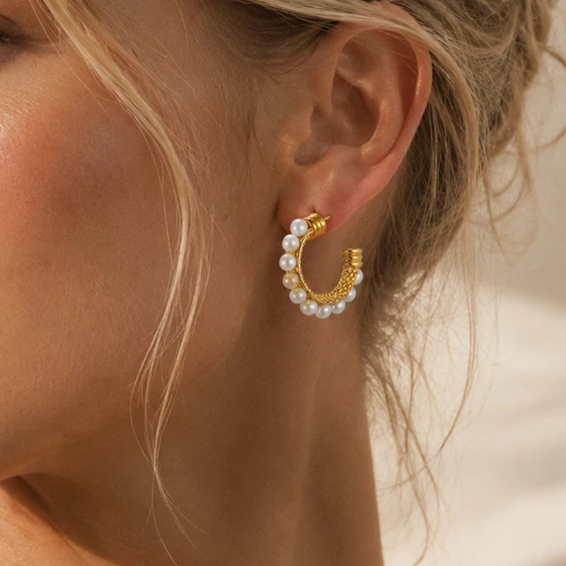 French Vintage Pearl Hoop Earrings – Gold Plated C-Shape Pearl Hoop Earrings SPOT Default Title